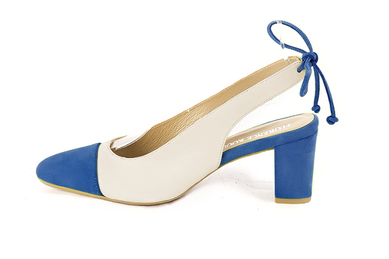 French elegance and refinement for these electric blue and off white dress slingback shoes, 
                available in many subtle leather and colour combinations. This beautiful enveloping pump will fit your foot without binding it
Its rear lacing will allow you to adjust it to your liking.
To be declined according to your choice of materials and colors.  
                Matching clutches for parties, ceremonies and weddings.   
                You can customize these shoes to perfectly match your tastes or needs, and have a unique model.  
                Choice of leathers, colours, knots and heels. 
                Wide range of materials and shades carefully chosen.  
                Rich collection of flat, low, mid and high heels.  
                Small and large shoe sizes - Florence KOOIJMAN